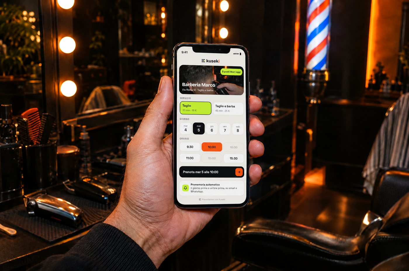 Phone in hand in a barbershop showing the Kuseki page