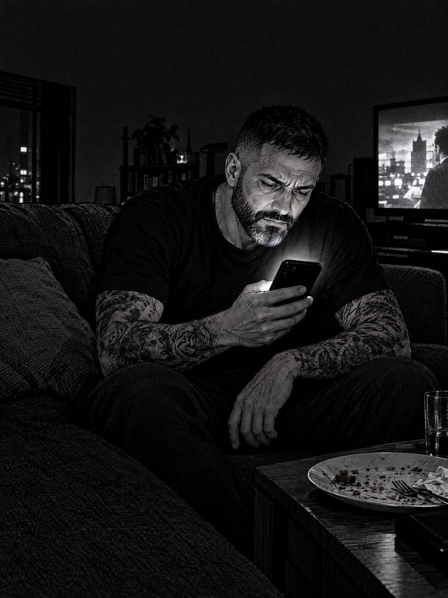 Comic panel: the barber on the couch gets a message at 11:40 PM