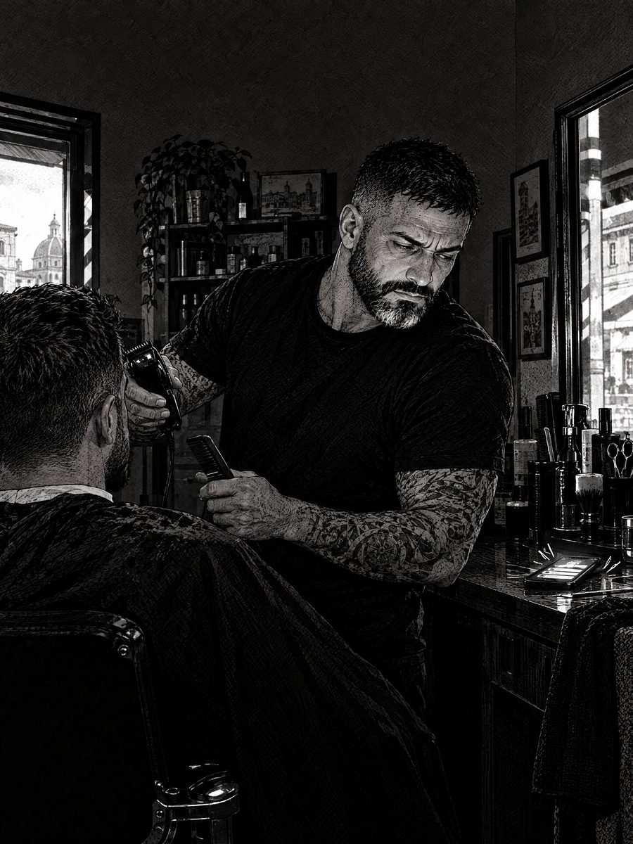 Comic panel: mid-haircut, the barber glances at his buzzing phone