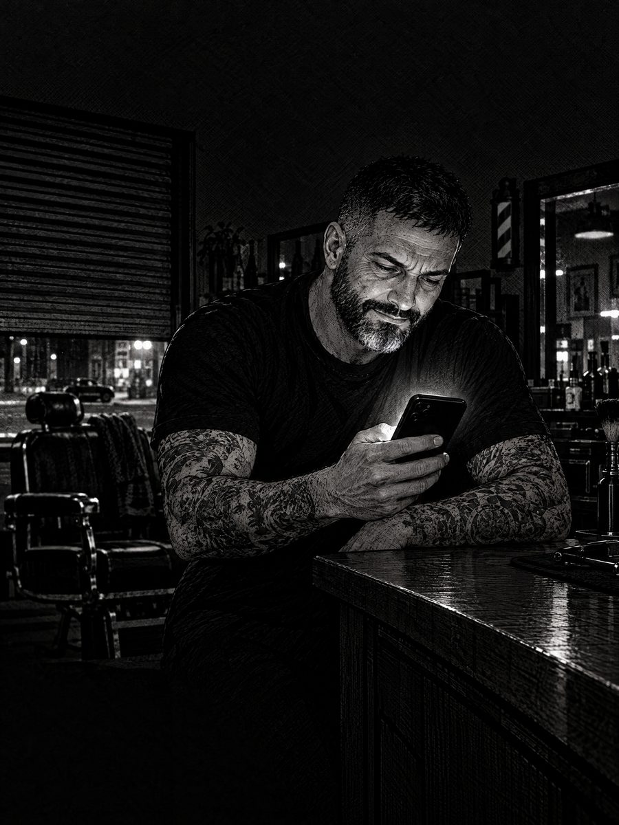 Comic panel: after closing, the barber sends his link to everyone