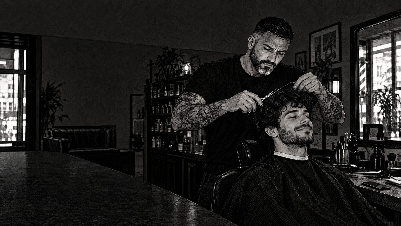 Comic panel: the barber cuts the hair of the client who arrived on time