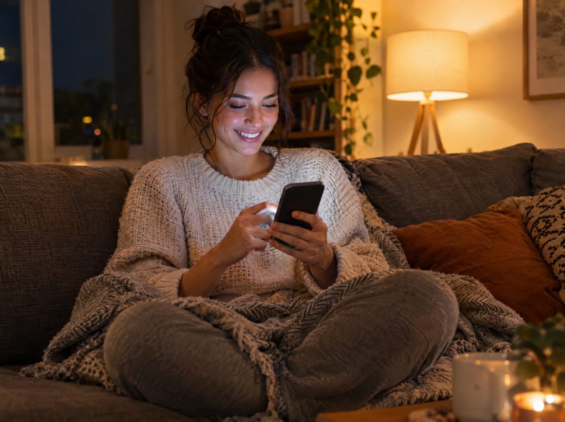 Young woman on the couch booking from her phone in the evening