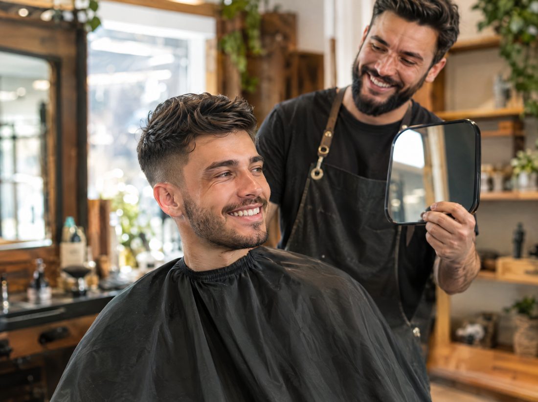Happy client while the barber shows him the mirror