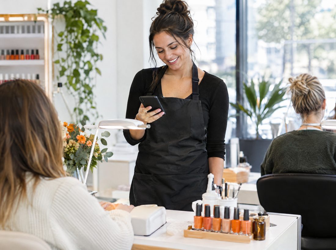Nail tech checking her phone between clients